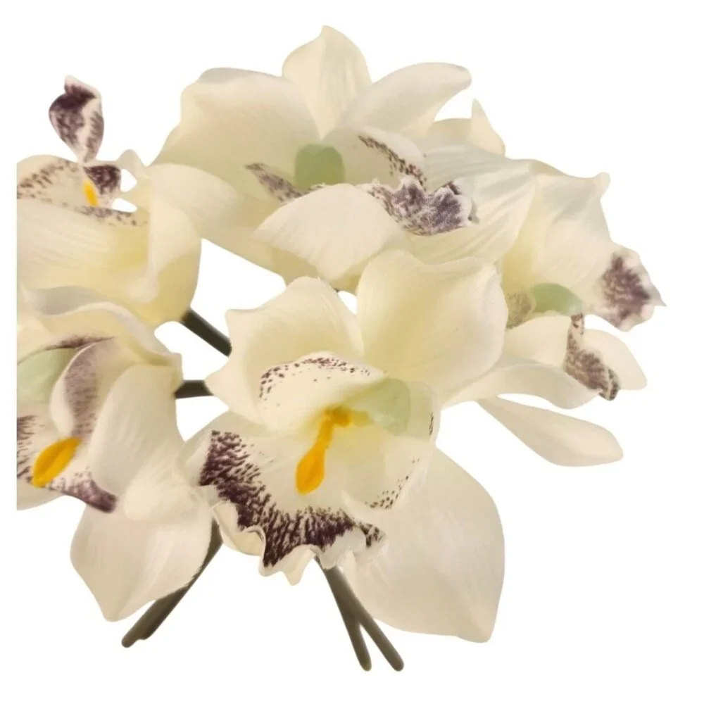 Ivory Cymbidium Orchid Artificial Flowers 7 Stem Bundle, Faux Orchid Wedding Flo